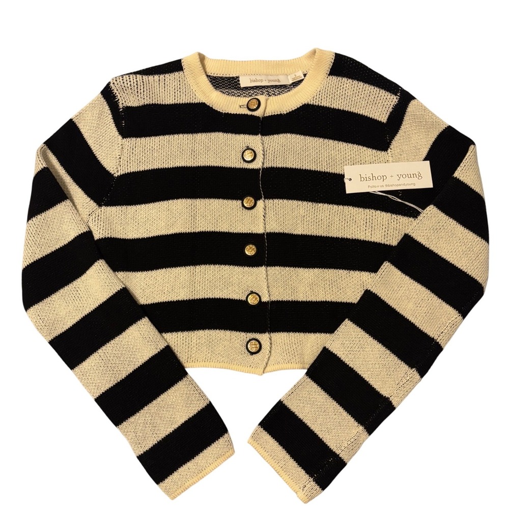 Bishop + Young Villeroy Stripe Sweater Womens S Black White Cropped Cardigan NEW